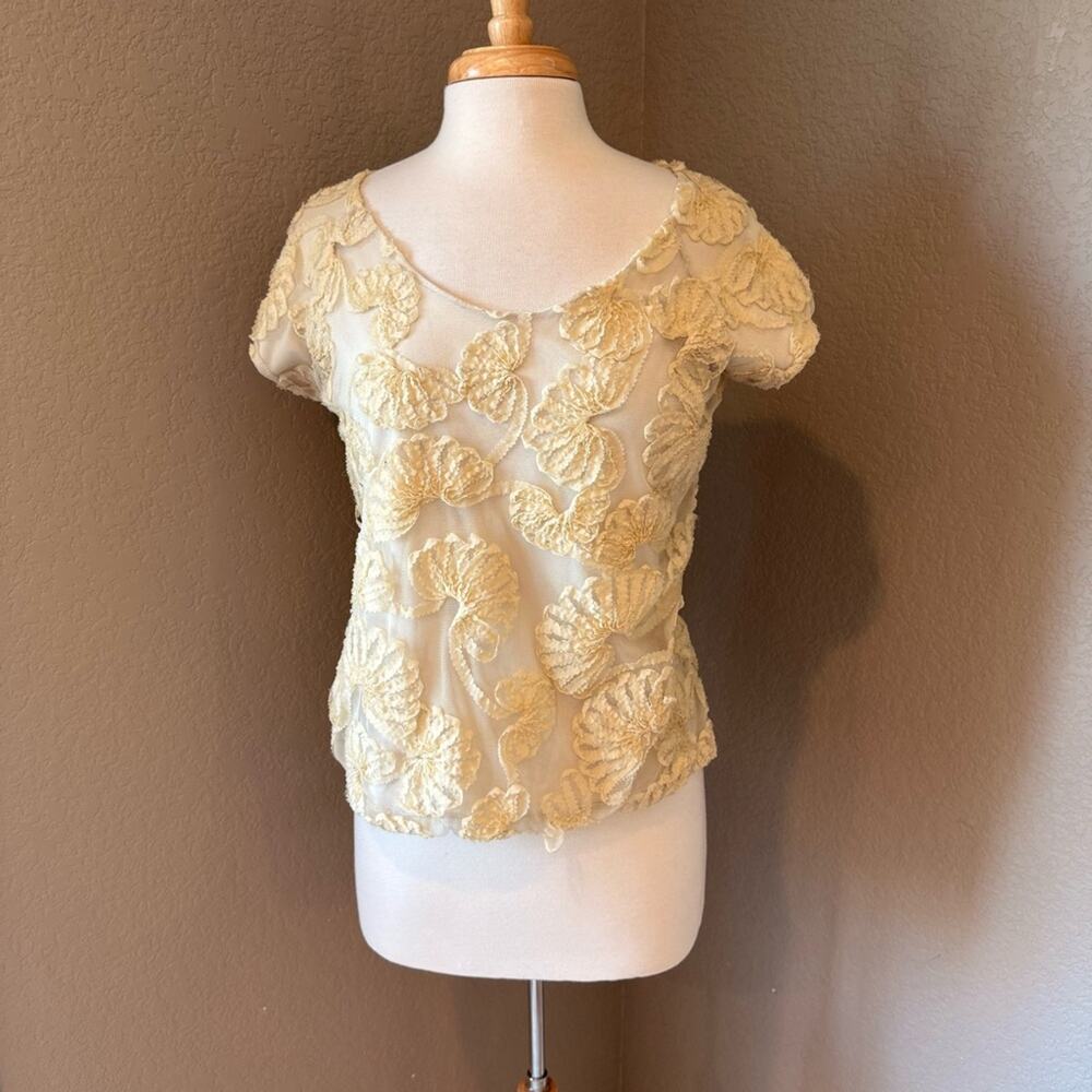 Zara Cream Yellow 3D Floral Applique Mesh Blouse Top Large